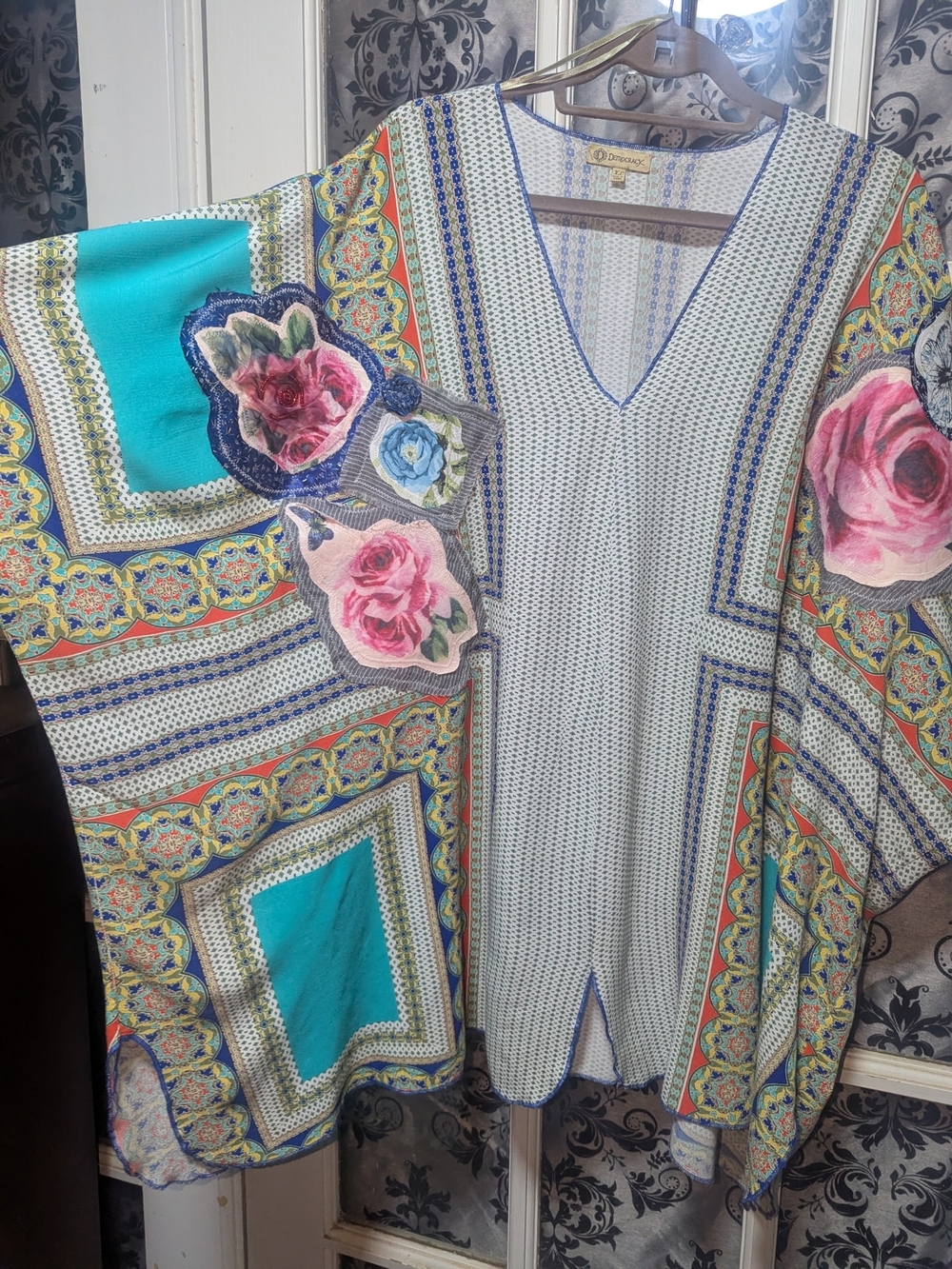Embroidered Floral Kaftan with Turquoise Panels